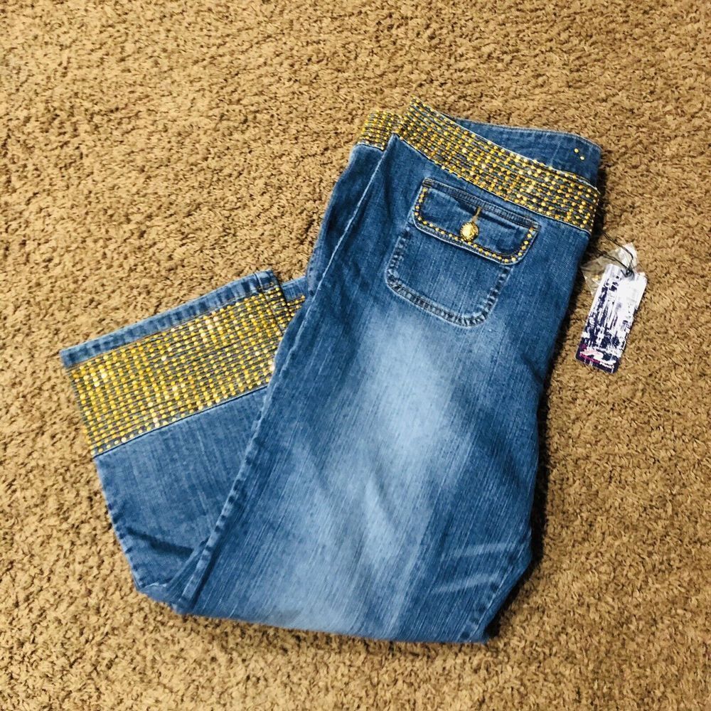 P. Plush Blue Denim Capri Jeans Gold Rhinestone Embellished Cropped Pants US 23